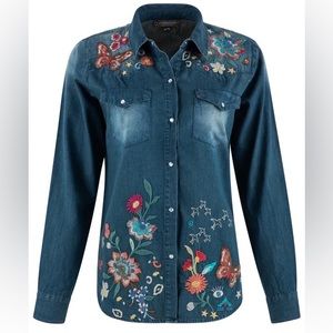 NWOT - Johnny Was Embroidered Denim Shirt